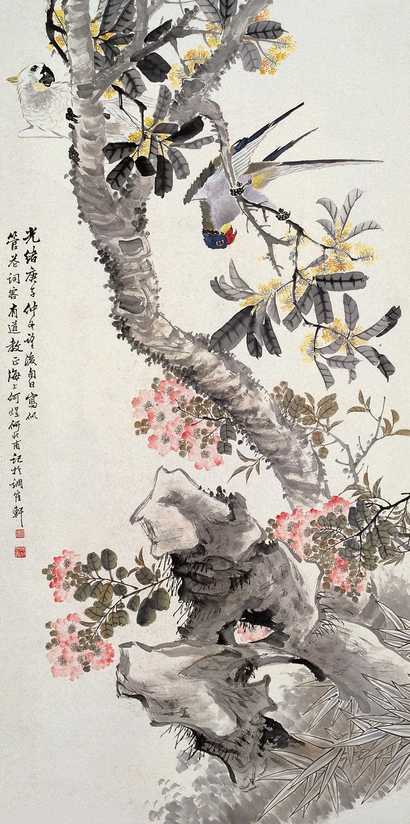 何煜 1900年作 金桂鹦鹉 立轴